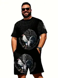 2 pieces of large-sized rooster-pattern men's summer casual suit (printed short-sleeved T-shirt and sports shorts) - summer beach sportswear, extra-large size