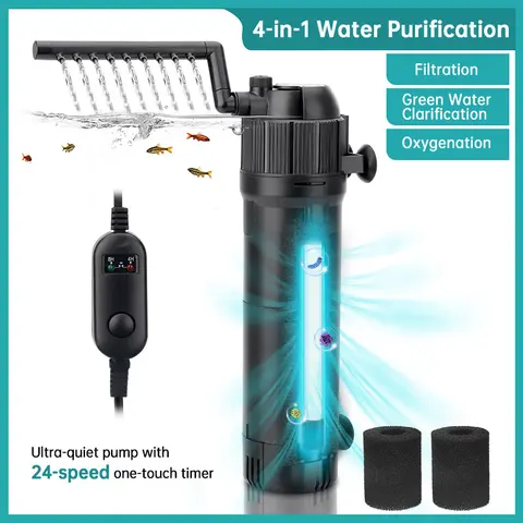 hygger 4-in-1 Aquarium Filter Pump - Submersible UV Filter Pump with 6W Quiet Motor, 8W Adjustable, 210GPH Automatic Flow, Timer, 180° Rotatable Nozzle, Oxygen Boost, Green Water Killer, for 40-80 Gal Fish Tanks
