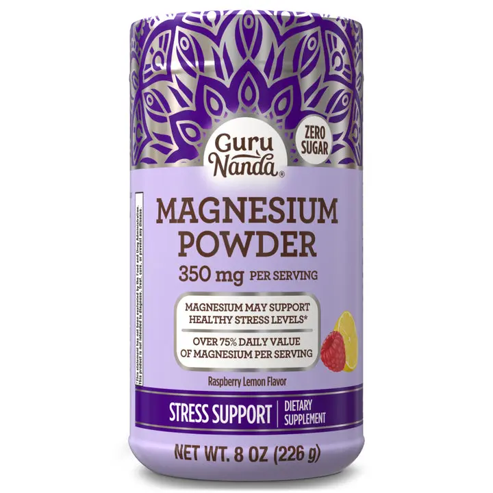 GuruNanda Magnesium Powder 350 mg, Raspberry Lemon Flavor, Zero Sugar, Stress Support Supplement, 8 oz
