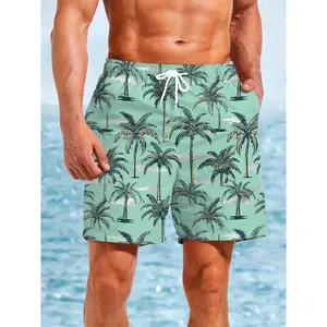 Men's Hawaiian Beach Shorts with 3D Palm Tree Print - Quick-Dry 100% Polyester Swim Trunks, Adjustable Drawstring Waist for Surfing, Swimming & Summer Vacations, Beachwear Shorts |   Relaxed Fit Shorts |   Smooth Texture Shorts, Bathing Suits