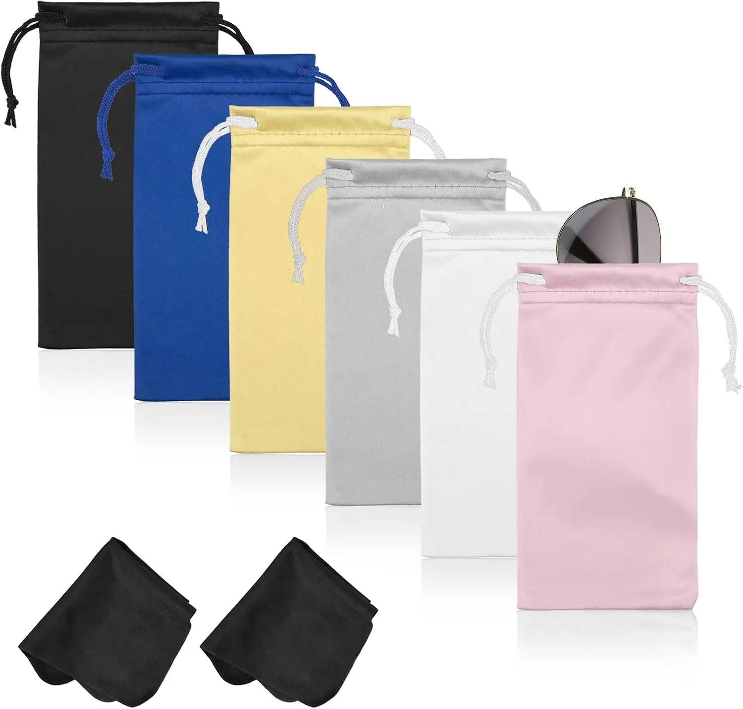 Unisex Simple Everyday Premium Microfiber Sunglasses Pouches (6 Pcs) - Soft Glasses Storage Bags with 2 Cleaning Cloths, Drawstring Holder for Eyewear, Phones, All Seasons Use, Draw String Bag, Anti-Scratch