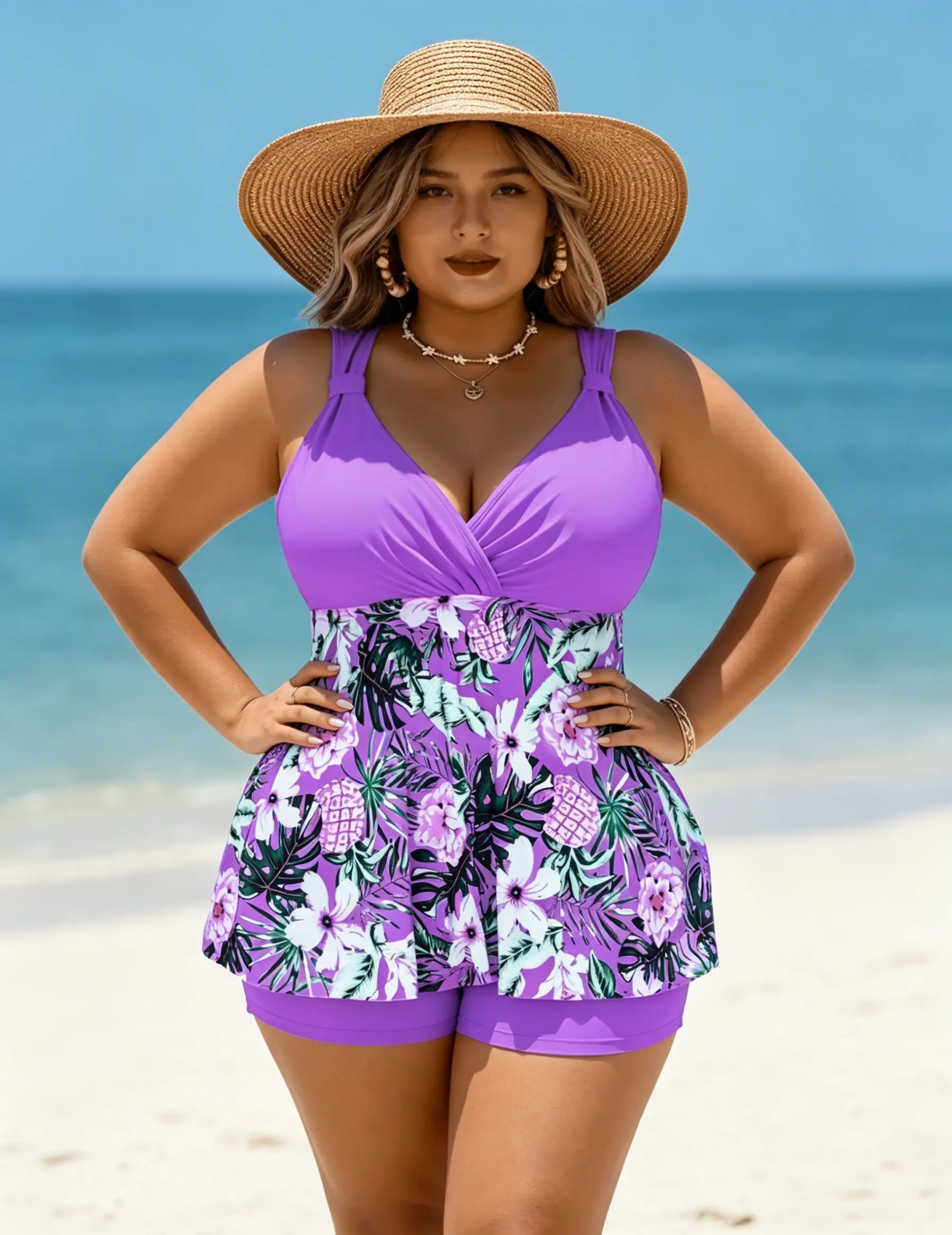 Plus Size Women's Tankini Set, Fashion 2-Piece Floral Print Swimsuit with Cross Front Top and Boyshorts Bottoms, Tankini Tops, Swimming Beach Wear, Floral Pattern Tankini