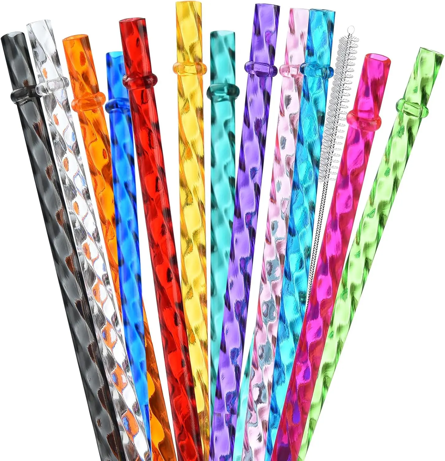 12-Pack Reusable Plastic Clear Swirl Straws, 11" Long Hard Tumbler Replacement Drinking Straws for 16 OZ 20 OZ 30 OZ Stanley, YETI, Starbucks Tumblers with Cleaning Brush