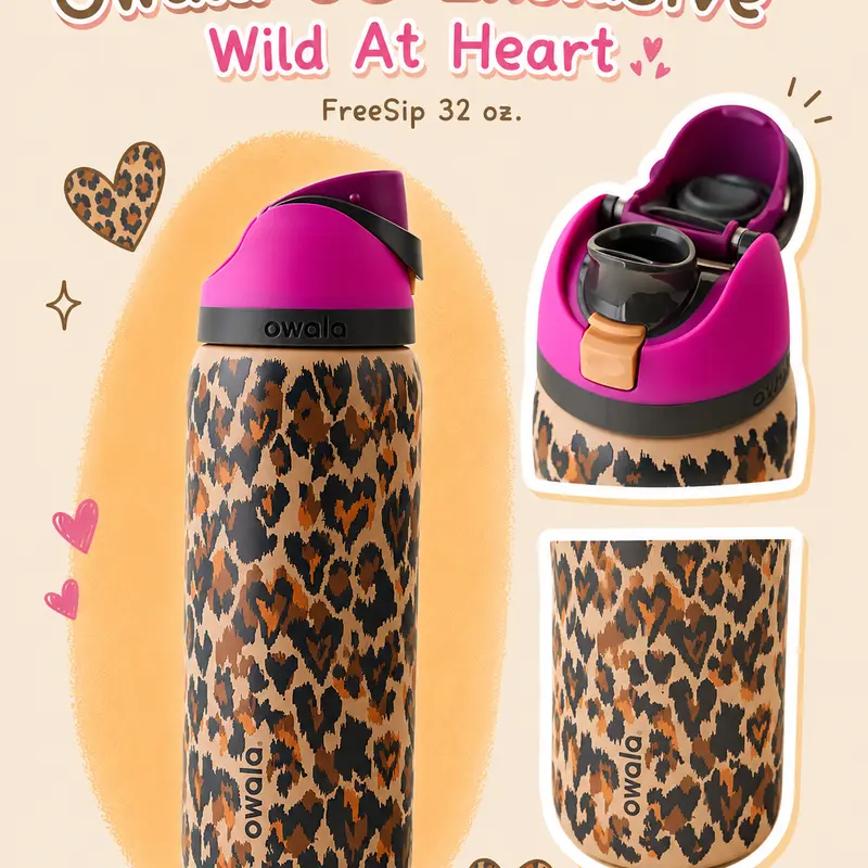 Owala Wild at Heart 32oz Insulated Water Bottle – Leopard Print FreeSip Travel Tumbler, Leak Resistant Stainless Steel Bottle, Reusable Gym Cup, Trendy Gift for Women