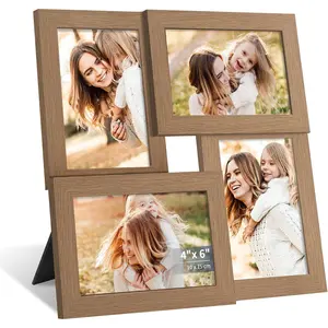4x6 Collage Picture Frame with Real Glass, 4 Opening Wooden Photo Collage Frame with Stand, Family Multi Picture Frame for Wall or Tabletop Display, 4 Photo Gallery Frame for  Decor,  Oak