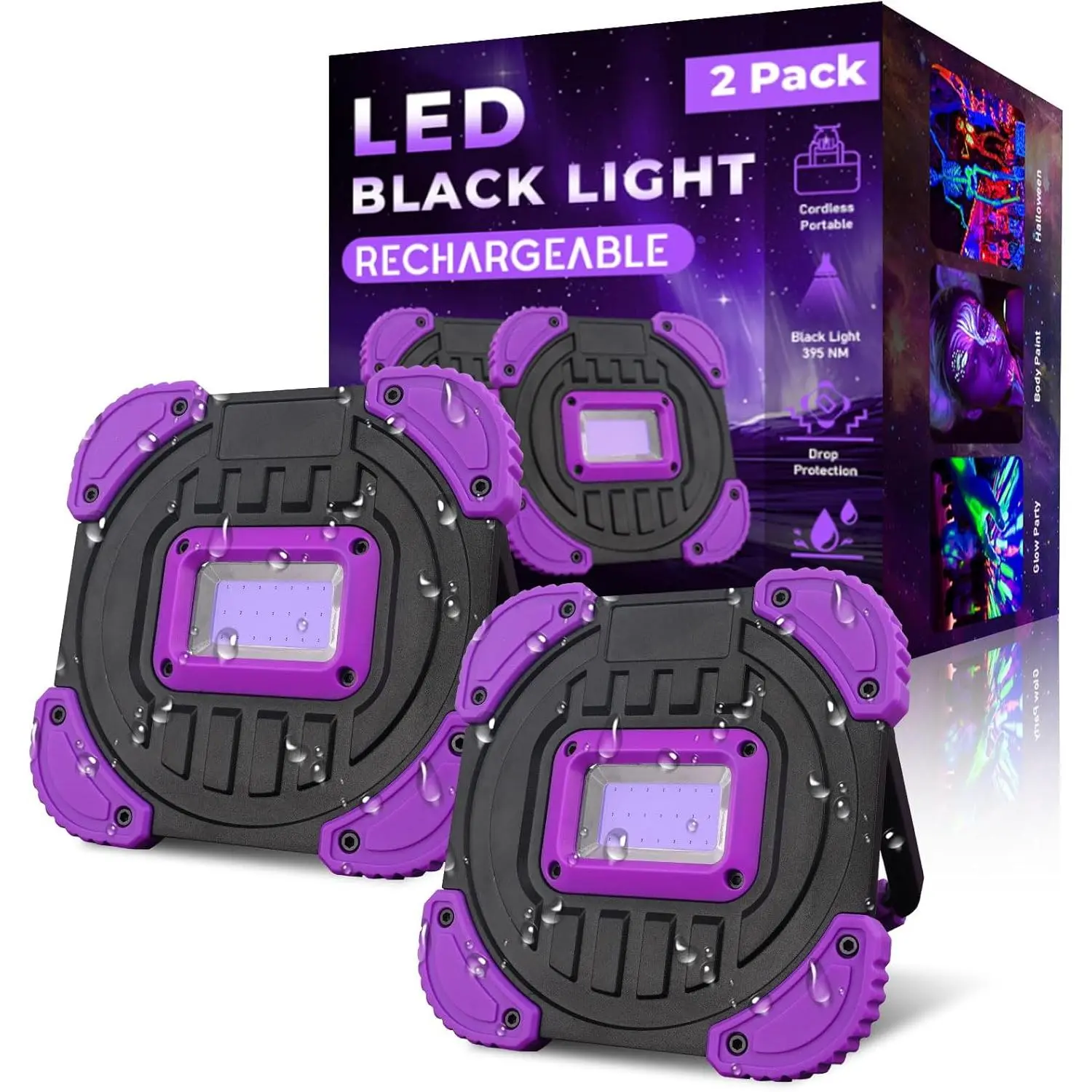 Portable Black Lights, 2 Pack USB Rechargeable Cordless 395nm IP65 Waterproof UV Lamps for Halloween, Glowing Parties, and Body Painting, Christmas, Glow Party, Party Fun