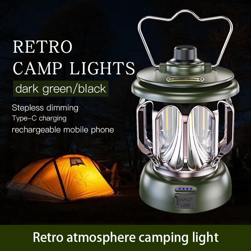 Vintage-style camping lamp, atmospheric portable lantern, flashlight with a metal hook for hanging, USB rechargeable with power output function, very suitable for fishing, household power outages, desktop lighting and emergency lighting