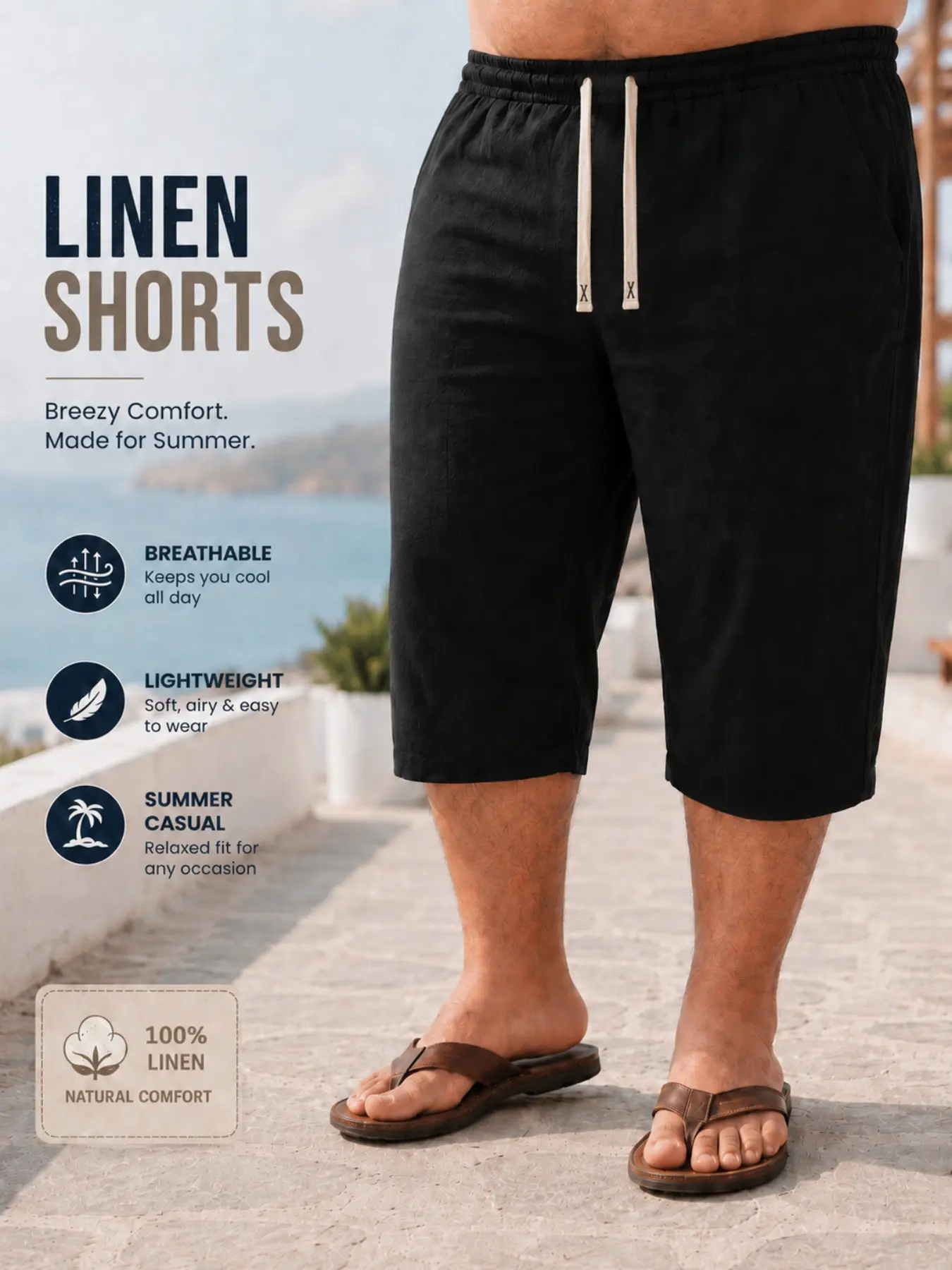 Large Size Men's Casual Plain Short Capri Pants, Comfortable Straight Leg Fit, Ideal for Daily Wear, Beach, Sports, Fashionable Summer Essential Choice