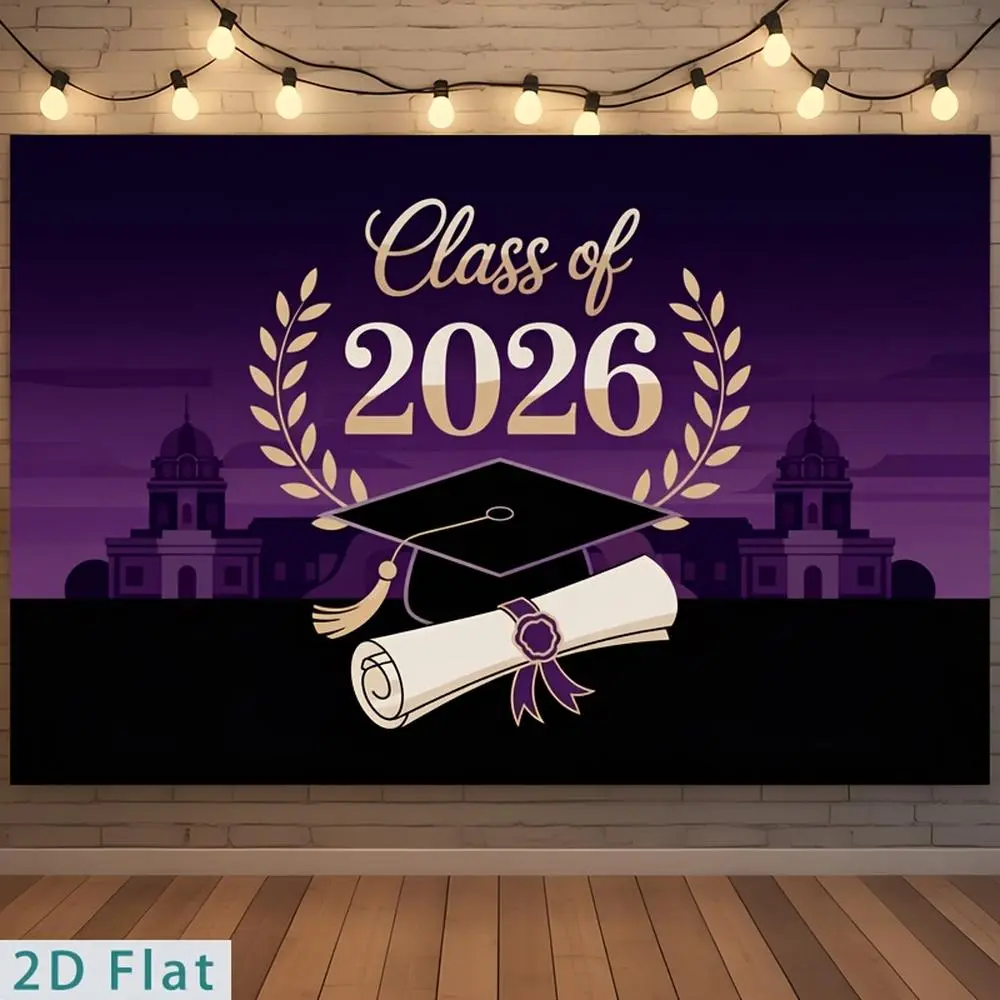 2026 Graduation Backdrop, 2D Flat Polyester Design with Purple Campus Silhouette, Cap, Diploma, Multi-Size Soft Fabric for Graduation Decorations 2026, Photo Booths, 2026 Graduation Decorations