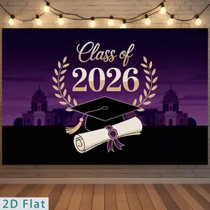 2D Flat Polyester Summervibes Graduation Backdrop, Class of 2026 Design with Purple Campus Silhouette, Graduation Cap, Diploma, Multi-Sizes Soft Fabric for Party Decoration, Photo Booths, Party Banners