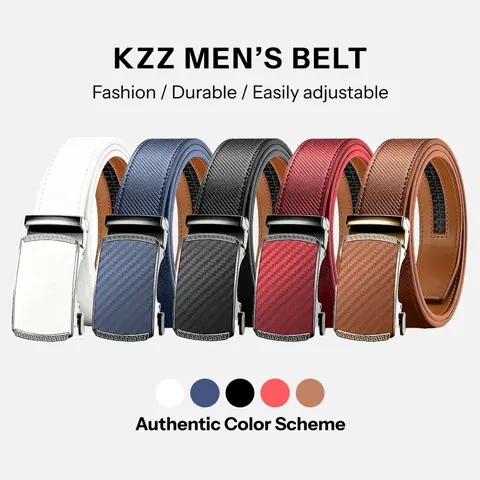 KZZ Men's Cowhide Leather Ratchet Belt with Alloy Buckle - Easy-Release Flexible Strap, Adjust-Fit for Dress & Casual Wear, Gift Box for Fathers (Anniversaries, Thanksgiving, Labor Day) - Mens Accessories