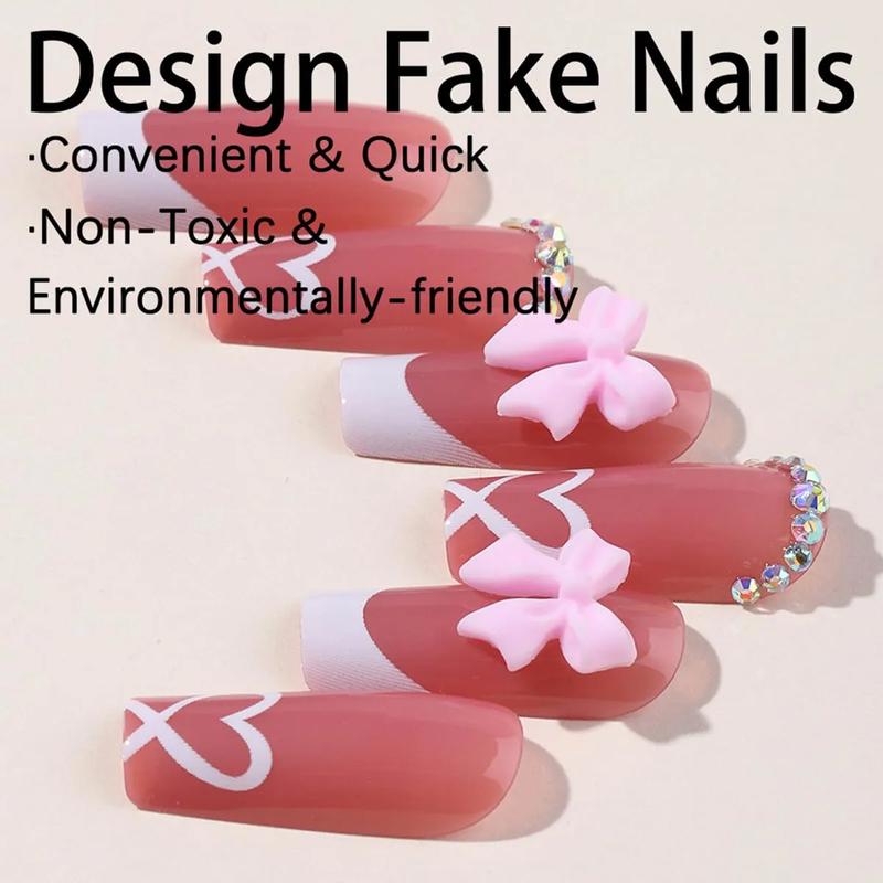 French Tip Press on Nails with Charms Medium Fake Nails White French Nails Press ons Cute Bow Stick on Nails Long Square Shape Acrylic Nails Heart Nails Rhinestones Nails for Women Daily Wear