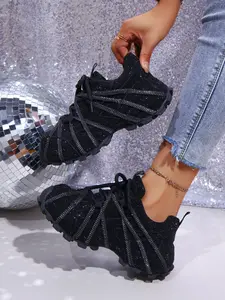 Women's Thick Sole Height Increasing Dad Shoes, Handmade Rhinestone Luxury Fashion Sneakers, Unique Design Casual Sports Shoes, Patchwork Design Sneakers, All Seasons Sneakers