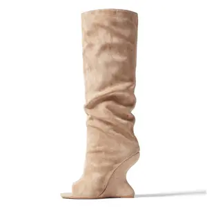 Pre Order Custom Made Women's Open Toe Suede Knee High Boots Slouchy Pull-On Tall Boots with Inverted Sculptural Wedge Heel