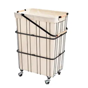 212 MAIN Modern Polyester & Metal Wire Rolling Laundry Basket Cart - Heavy-Duty Wheels, Removable Liner, Handle, 24.8x11.9x18.3", Black