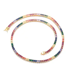Hip Hop Necklace 4*4mm Colored Square Zircon Tennis Chain Copper Inlaid Colored Gemstone Bracelet Jewelry