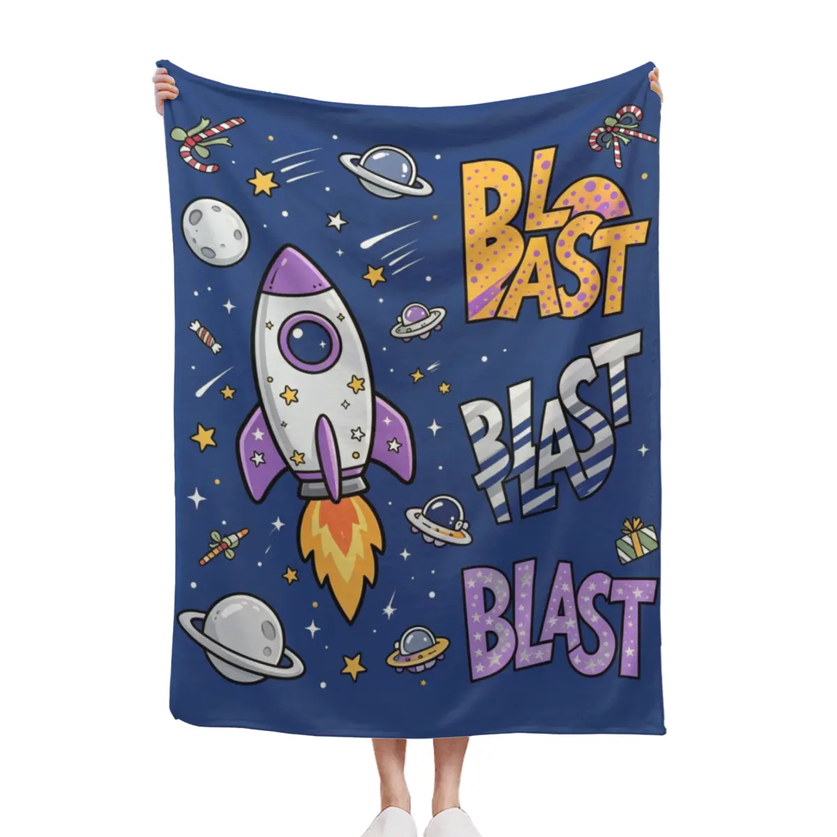 Blast Off Rocket Space Letter Dark Throw Blanket, Outer Space Astronaut Boys Room Decor Blanket