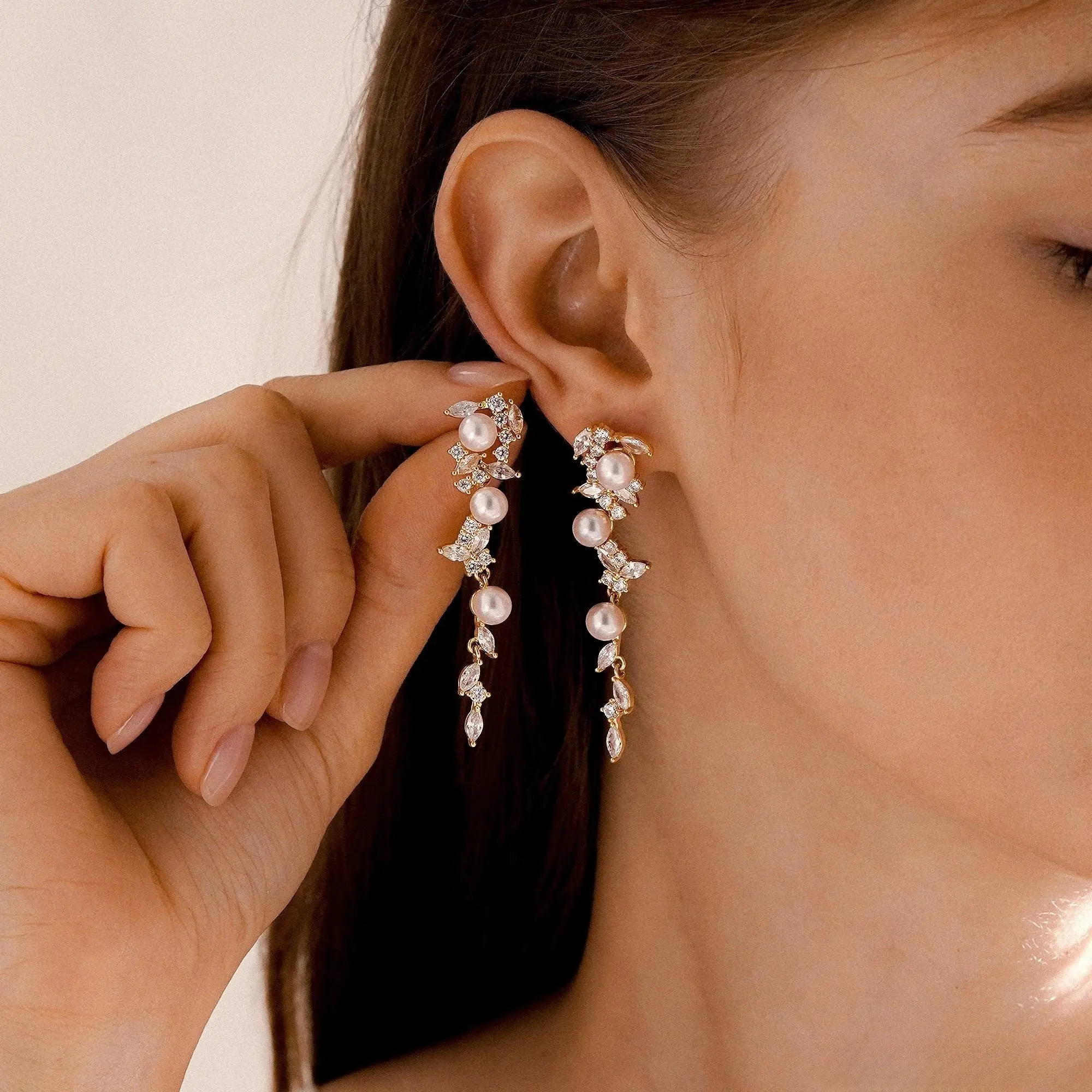 Modmints 6-7mm Dainty Freshwater Pearl Drop Dangle Gold Earrings with Diamonds - High Quality, Unique Design, Classic, Nickel-Free Bridal Wear Jewelry, Heirloom Gifts, High Quality Earrings, Unique Design Earrings