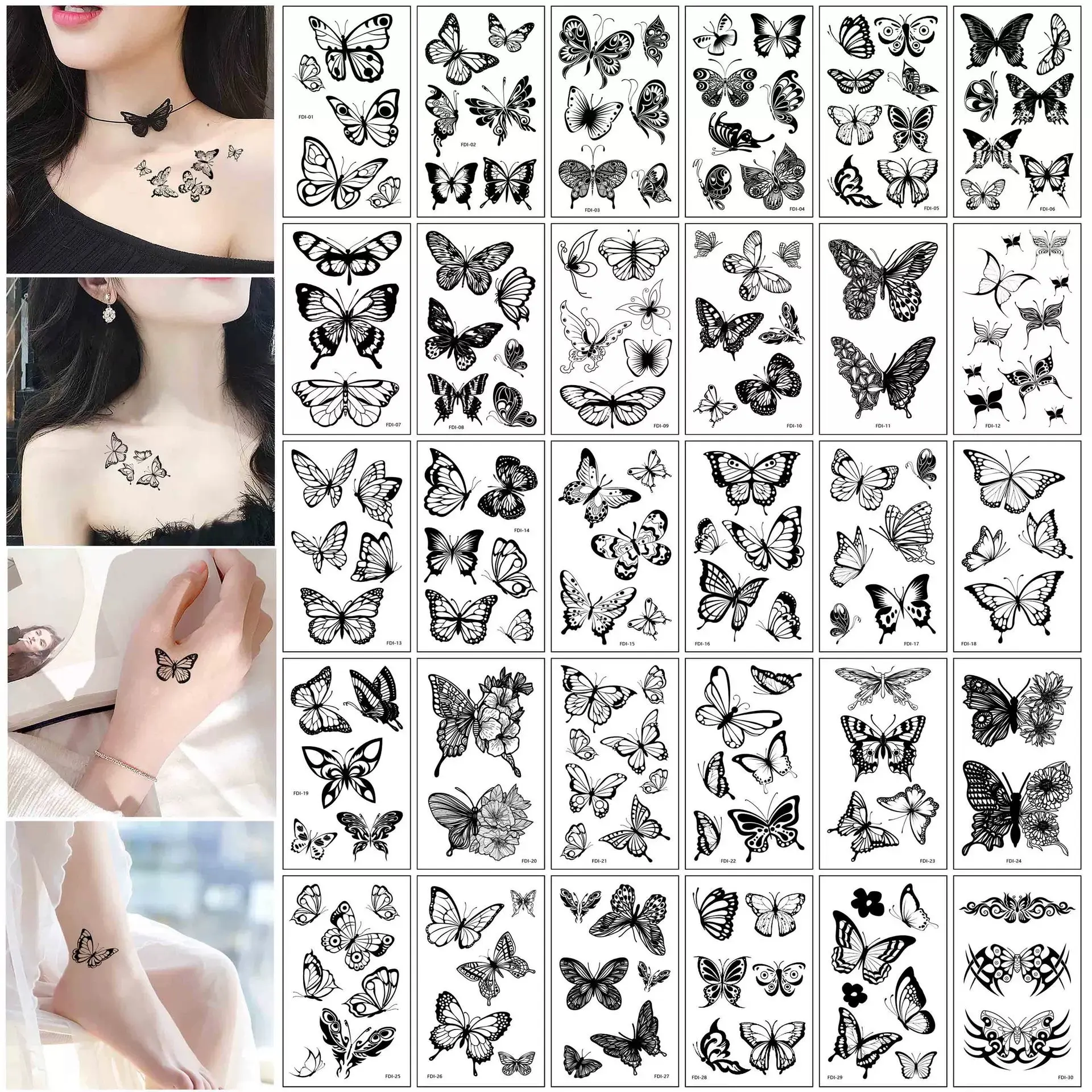30pcs Black butterfly temporary tattoo stickers - waterproof, long-lasting, realistic, dark style, high-end, new design for women, suitable for collarbone and arm