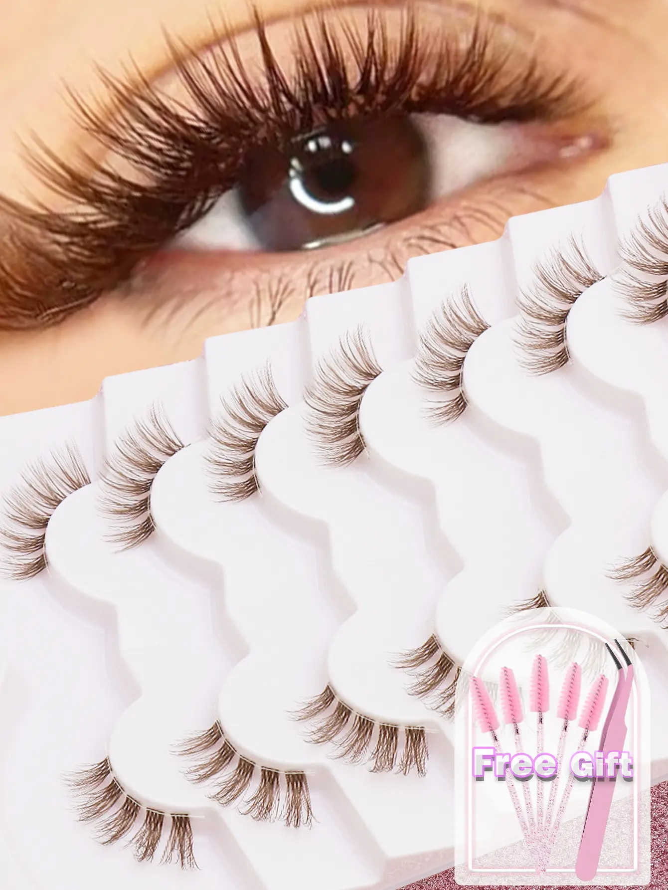 Ayrmilla False Eyelashes, 7 Pairs Reusable Set, Brown C Curl Lashes for a Natural Voluminous Cat-Eye Look, Artificial Mink Fibers, Nature, False Eyelashes & Adhesives, 12Mm, Artificial Fiber, 0.05Mm, Black/Transparent