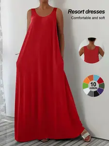 Women's Loose-Fitting Sleeveless Design, Organic Textile Material, Soft, Plain Pattern, Ideal for Daily Wear & Casual Occasions, Everyday, Dress