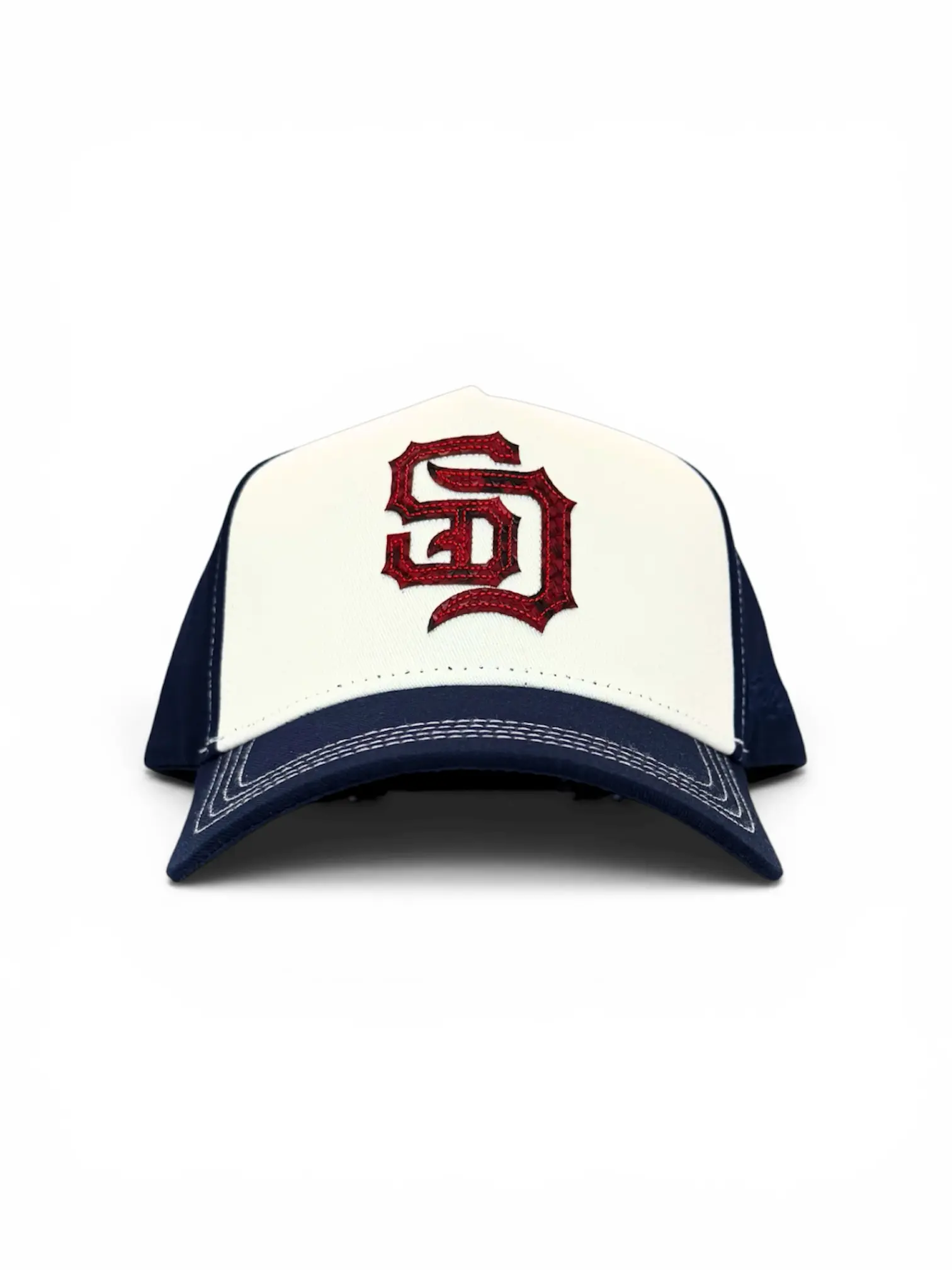 GENUINE SS LEATHER PATCH LETTER SD HAT w/SEUDE UNDER-BRIM CUSTOM SNAPBACK