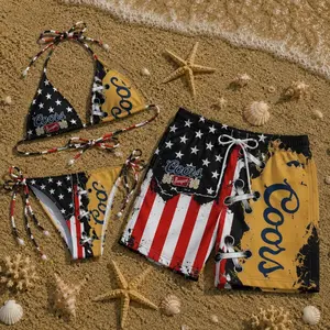 American Flag Bikini Set for Women & Matching Men’s Swim Trunks, USA Patriotic Couple Swimwear, Summer Beach Vacation Pool Party Swimsuit