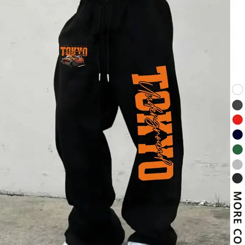 Men's Casual Sporty Long Pants, Printed Sweatpants Loose Fit, Tokyo Racing Print Drawstring Wide Leg Joggers, Sports Casual Pants, Sports Bottoms