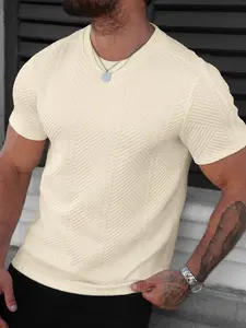 Men's Summer Geometric Texture Short Sleeve T-Shirt Top, Round Neck Fitted Design, Elastic Fabric, Casual Office Wear, Light Business Style, Classic