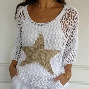 Women's Crochet Knit Top Hollow Out Star Graphic Sweater 3/4 Sleeve Loose Summer Beach Cover Up Pullover