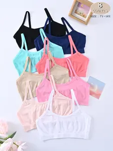 8/10 Piece Girls' Cute Basic Camisole Tank Tops, Breathable Soft Comfort, Casual Sports Student Bra, Underwear Sets, All Seasons, Multiple Sizes & Colors