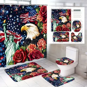 1/4pcs Fourth of July Bathroom Set - Shower Curtain Sets with Statue of Liberty, Bald Eagle, Red Roses & US Flag, Matching Rectangular U - Shaped Bath Mats & Toilet Seat Cover - Festive Patriotic Decor for US Independence Day Home Bathroom