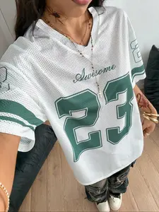 Women's Y2K American Vintage Breathable Mesh Sports Jersey, V Neck Digital Print T-Shirt, Street Style Festival Casual Sporty Top, Gym Exercise Activewear, Athletic Top