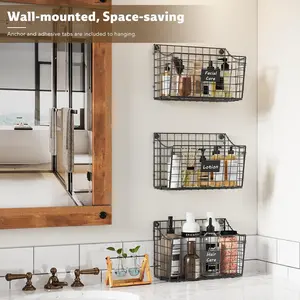Wall Mounted Bin Basket with 5 Hooks 3 Label Plate Adhesive-3 Pack, Cabinet Hanging Metal Wire Basket,Rustic Farmhouse Decor, Storage Organization Shelf for Pantry Kitchen Bathroom 10.6*7.5*5.1inch Organiser Hangable Multicolor