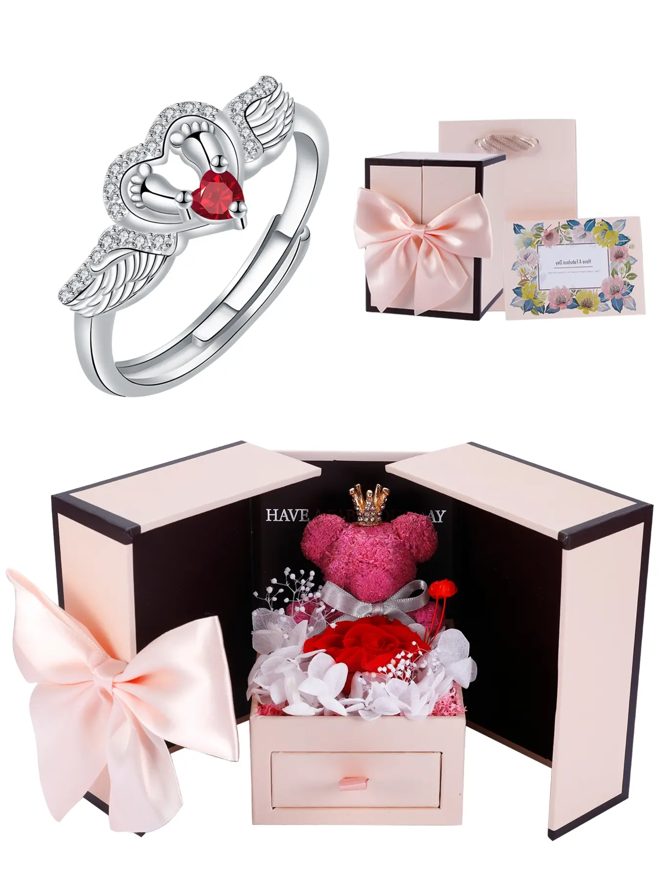 Angel Wing Heart Ring With Moss Bear Rose Jewelry Gift Box, Angel Memorial Ring with Heart CZ Birthstone, Anniversary Ring, Mothers Day Christmas Gifts for Mom Mother New Mom