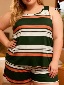 Plus Size Fashionable Women's Cozy Loungewear Set, Casual Sporty Striped Sleeveless Top + Shorts Pajamas, Matching Pj Set, Perfect for Home and Outdoors