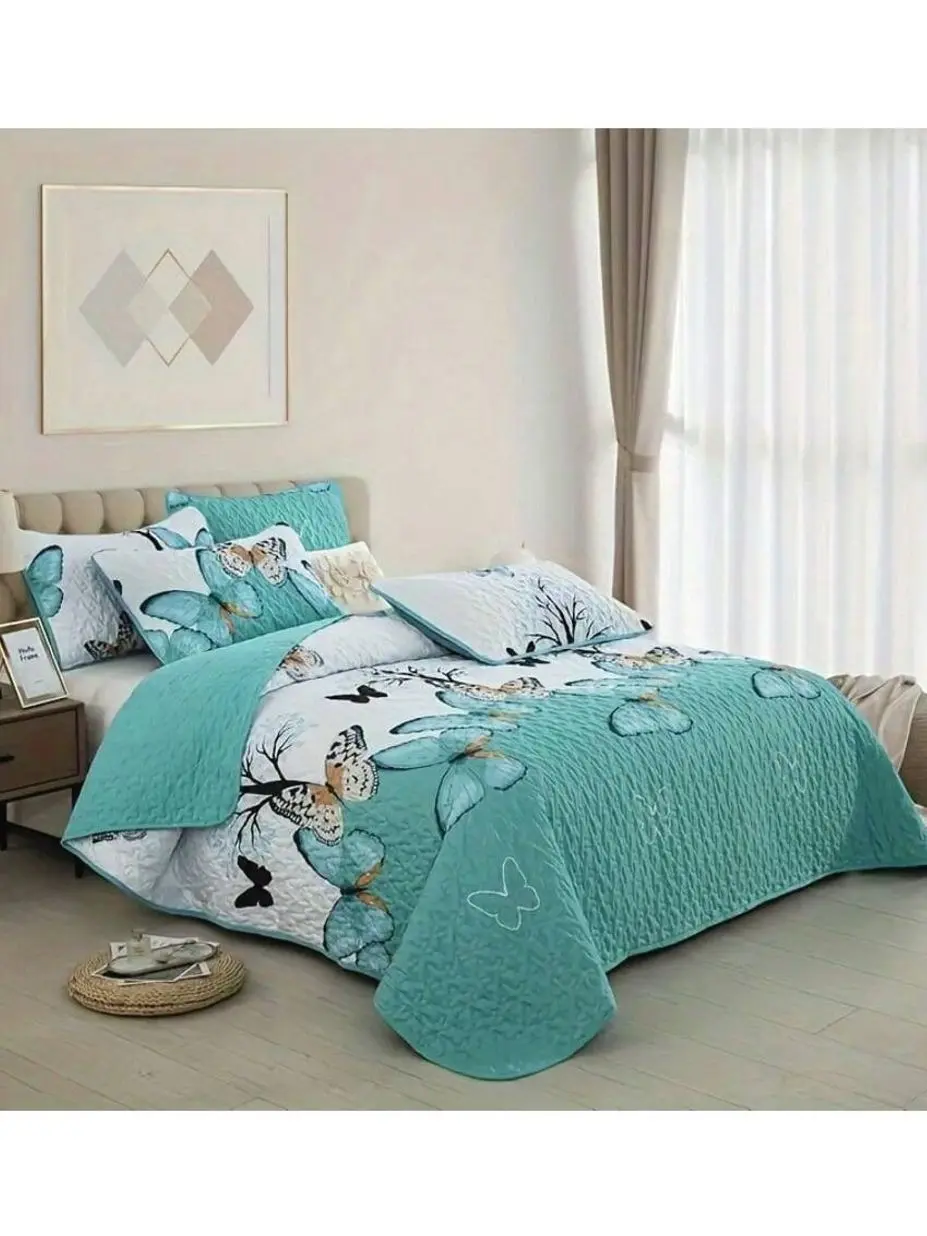 Butterfly Quilted Bed Cover Set 3PCS, Floral Bedding Set, Soft Breathable All Season Bedspread, Bedroom Dorm Decor, Twin Full Queen King