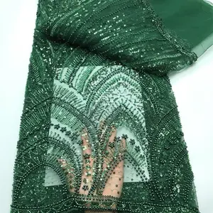 Africa High Beaded Exotic Lace Fabric/ per Yard Green Sequined Embellished Fabric for Stylish Designs
