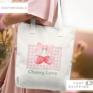 Gingham Cherry Love Tote Bag, Cottagecore Pink Coquette Bow, Teacher Appreciation, Gift for Her, Birthday Girl, Back to School Shoulder Bag