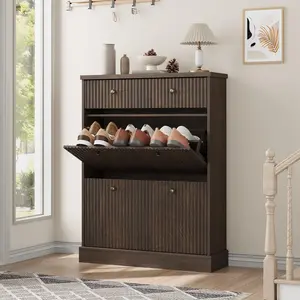 Walnut Fluted Narrow Shoe Cabinet, Freestanding Entryway Organizer with 2 Flip Drawers and 1 Top Drawer, Adjustable Removable Shelves for Hallway Storage