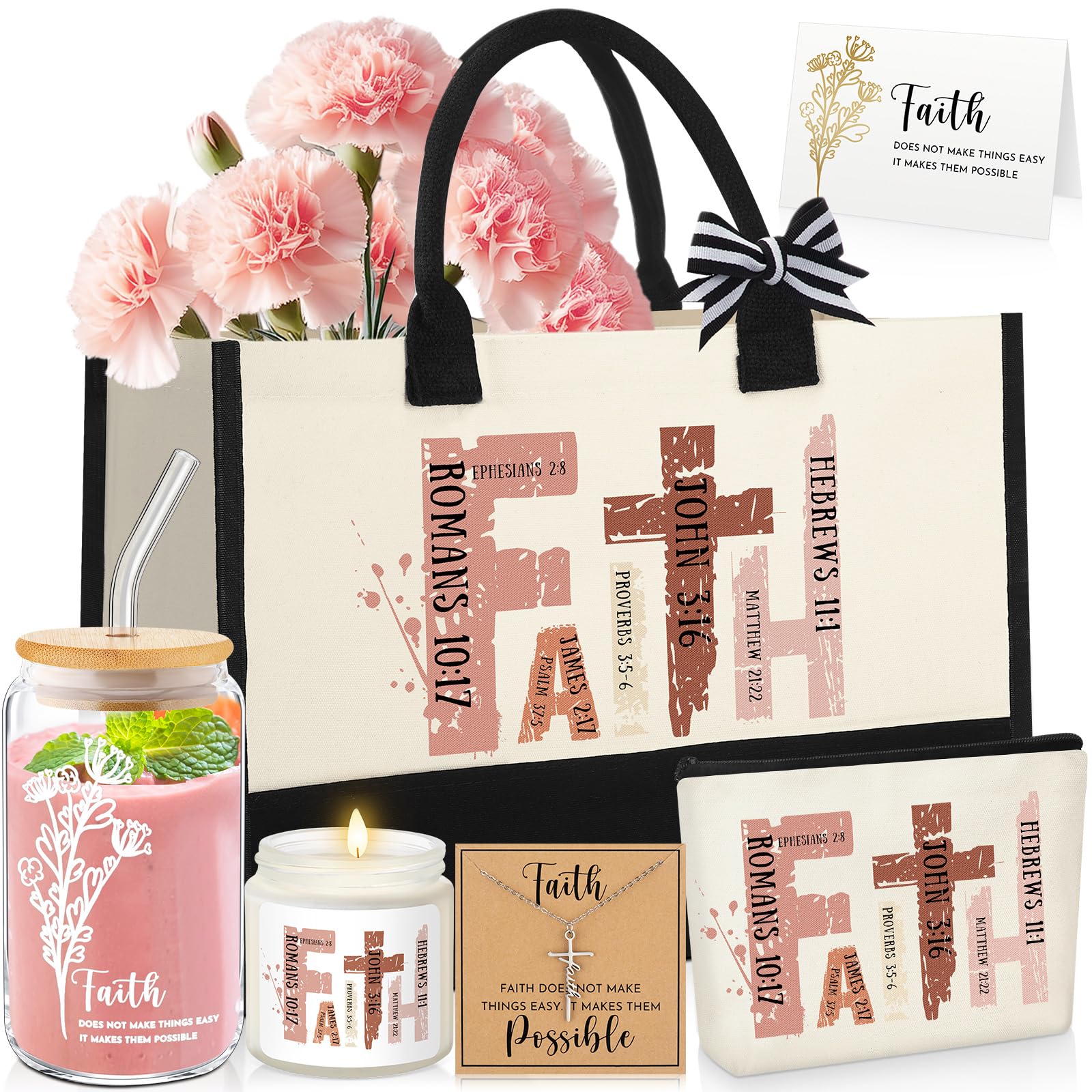 Easter Christian Gifts for Women 6pcs Religious Gift with Canvas Tote Bag Makeup Bag Candle Cross Necklace Thermos Cup Greeting Card Faith Inspirational Catholic Gift for Women Friends Mother Sister Wife, Sunday Prayer Gift for Easter Communion Holiday