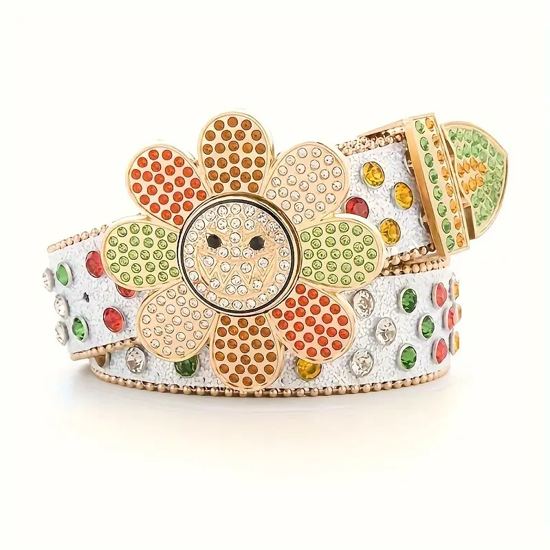 [Rhinestone Sunflower Belt] Faux Leather Belt - Rhinestone Sunflower Buckle, Fashionable Twist Clasp, Punk Hip-Hop Style - Non-Washable, Suitable for Beach, Evening Dates, Casual Outings, Sports, Regular Fit
