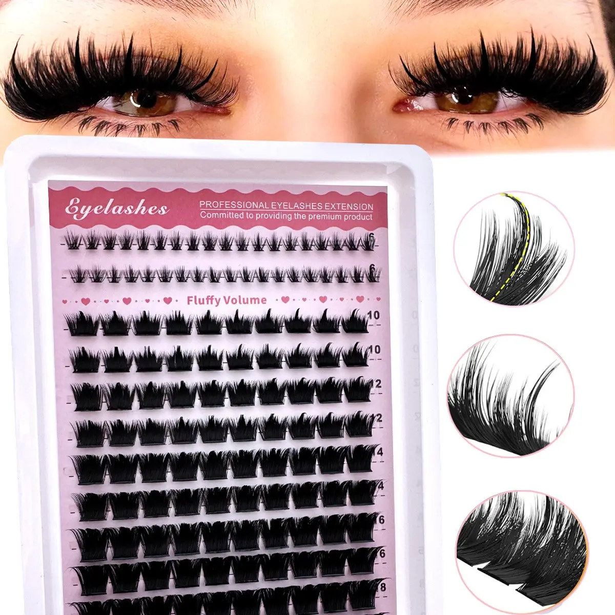 300D Cartoon Eyelash Clusters Hedgehog Type Lashes + Lower Lashes Natural Look, Fluffy Volume Eyelashes, 138pcs DIY Eyelash Extensions 6-18mm Mixed Length Dense Cat Eye