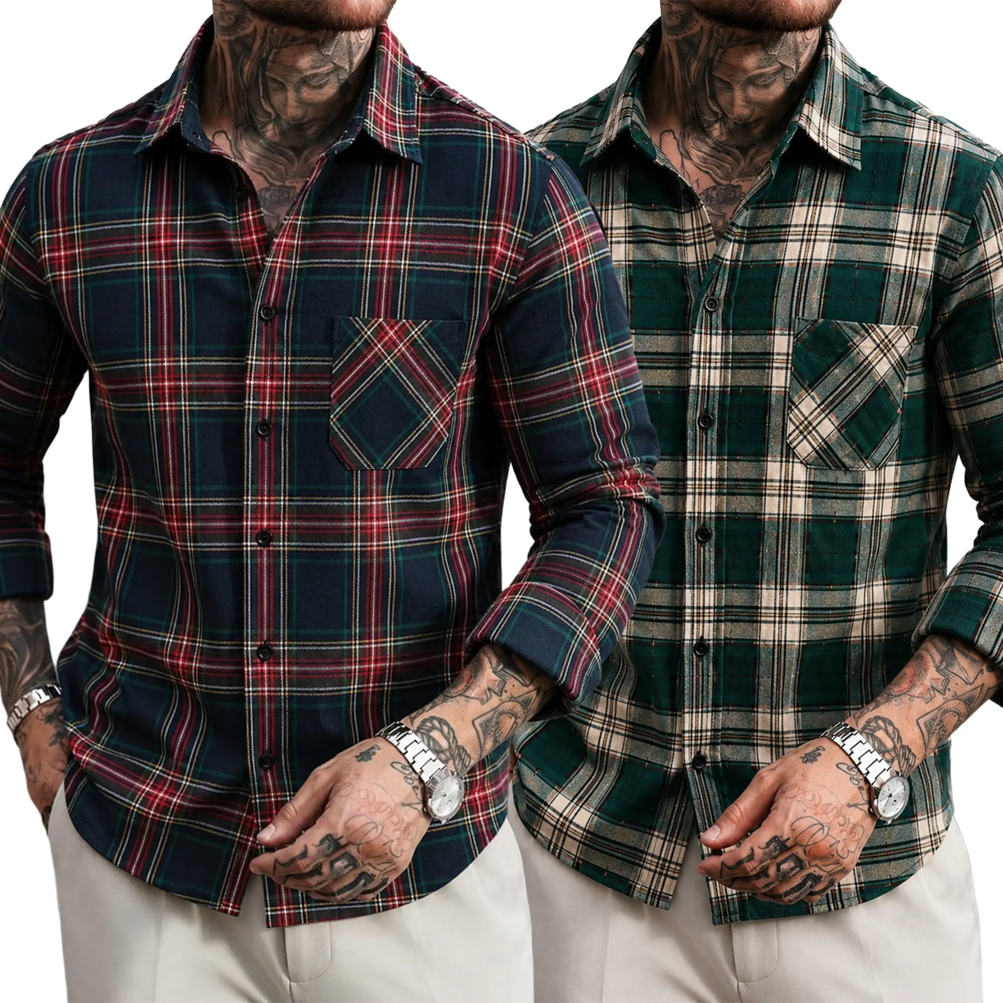 Men's 2 Pack Plaid Long Sleeve Shirts Casual Button Down Shirt Classic Checkered Shirt with Single Chest Pocket Lightweight Soft Collared Work Shirts