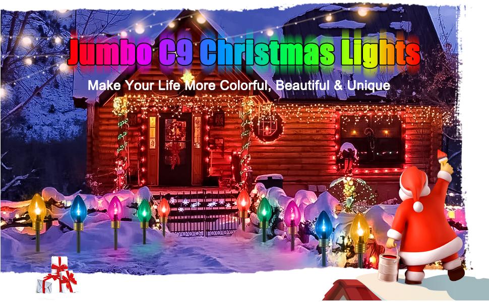 Christmas Lights Jumbo C9 Outdoor Lawn Decorations with Pathway Marker Stakes, 2 Pack 8.5 Feet String Lights Covered Jumbo Multicolored Light Bulb for Holiday Outside Yard Garden Decor, 10 Lights Christmas Lights Jumbo C9 Outdoor Lawn Decorations with Pathway Marker Stakes, 2 Pack 8.5 Feet String Lights Covered Jumbo Multicolored Light Bulb for Holiday Outside Yard Garden Decor, 10 Lights