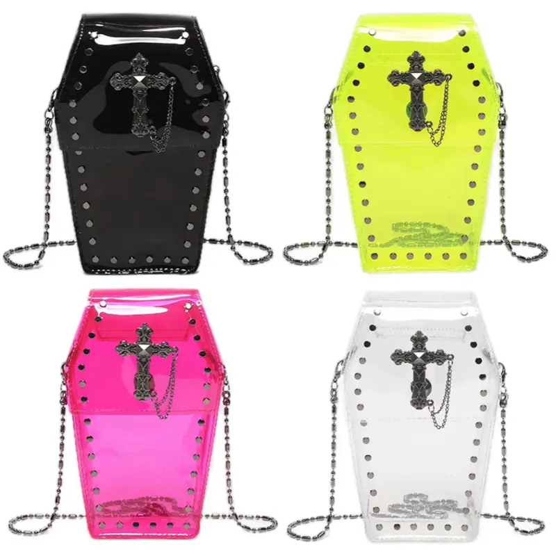 Women Coffin Shaped Bag PVC Clear Jelly Satchel Bag Cross Coffin Sling Bag Phone Bag