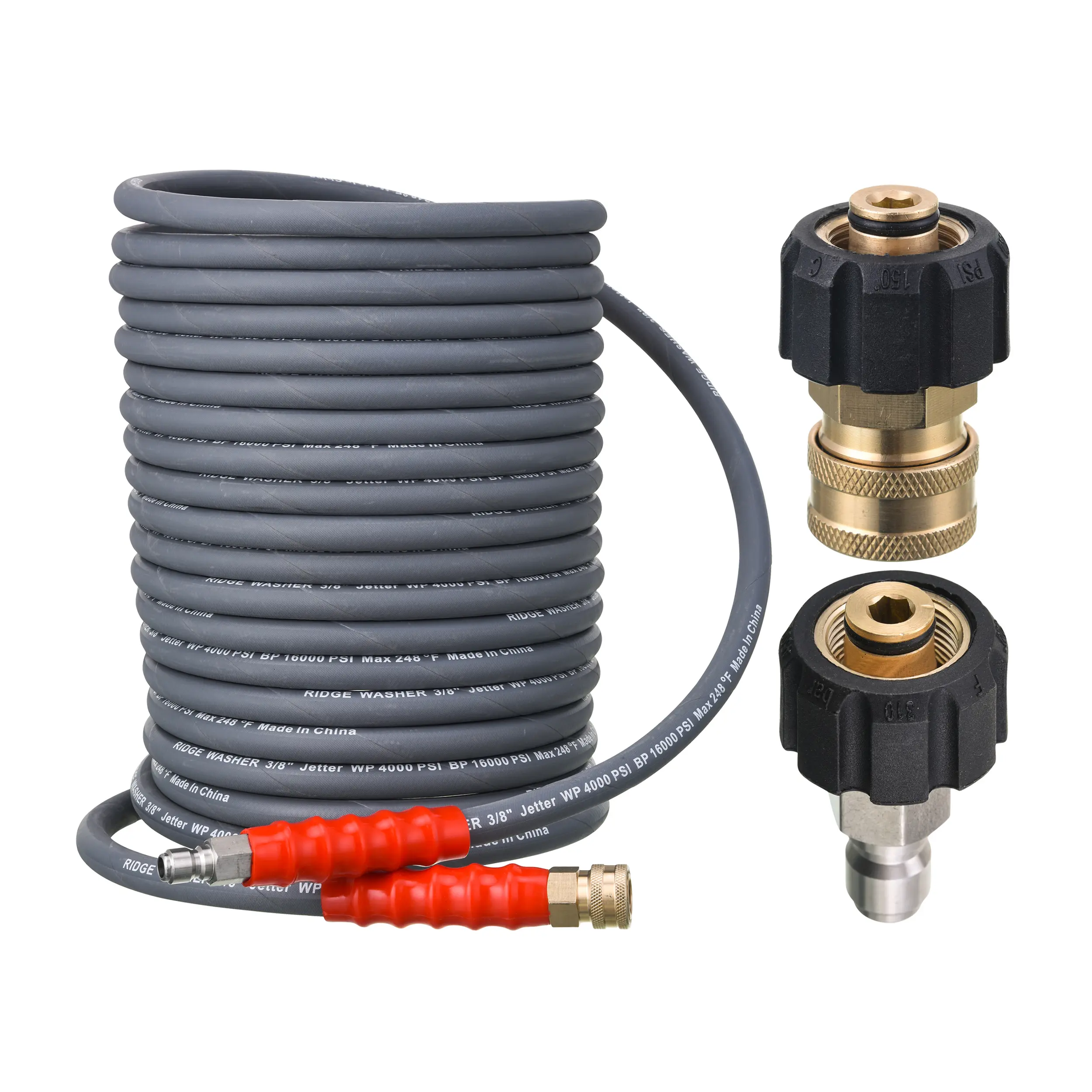 RIDGE WASHER High Pressure Durable Garden Hose, 50ft x 3/8in Steel Braided Hose for Hot & Cold Water, 4000 PSI with M22 14mm to 3/8in Quick Connect Fitting, High Pressure Hose