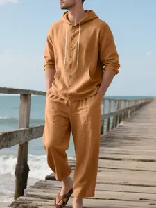 Men's Spring and Autumn Linen Breathable Hooded Long Sleeve Top Set with Wide Leg Pants, Casual Vacation, Recommended Valentine's Gift