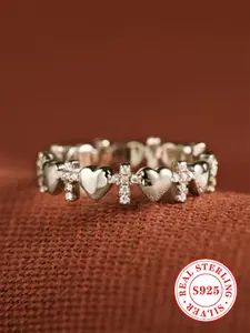 925 Sterling Silver Fashion Cross Design Heart Shaped Ring, Fashion Heart Rings, Fashion Jewelry for Party, Daily Clothing Decor, Exquisite Jewelry for Birthday Gift