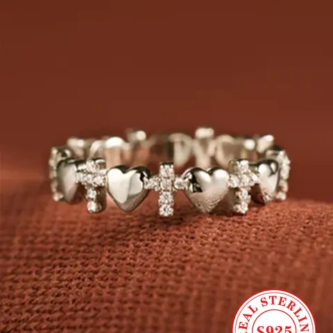 925 Sterling Silver Fashion Cross Design Heart Shaped Ring, Fashion Heart Rings, Beautiful Rings, Exquisite Trendy Ring, Fashion Jewelry for Party, Daily Clothing Decor, Exquisite Jewelry for Birthday Gift